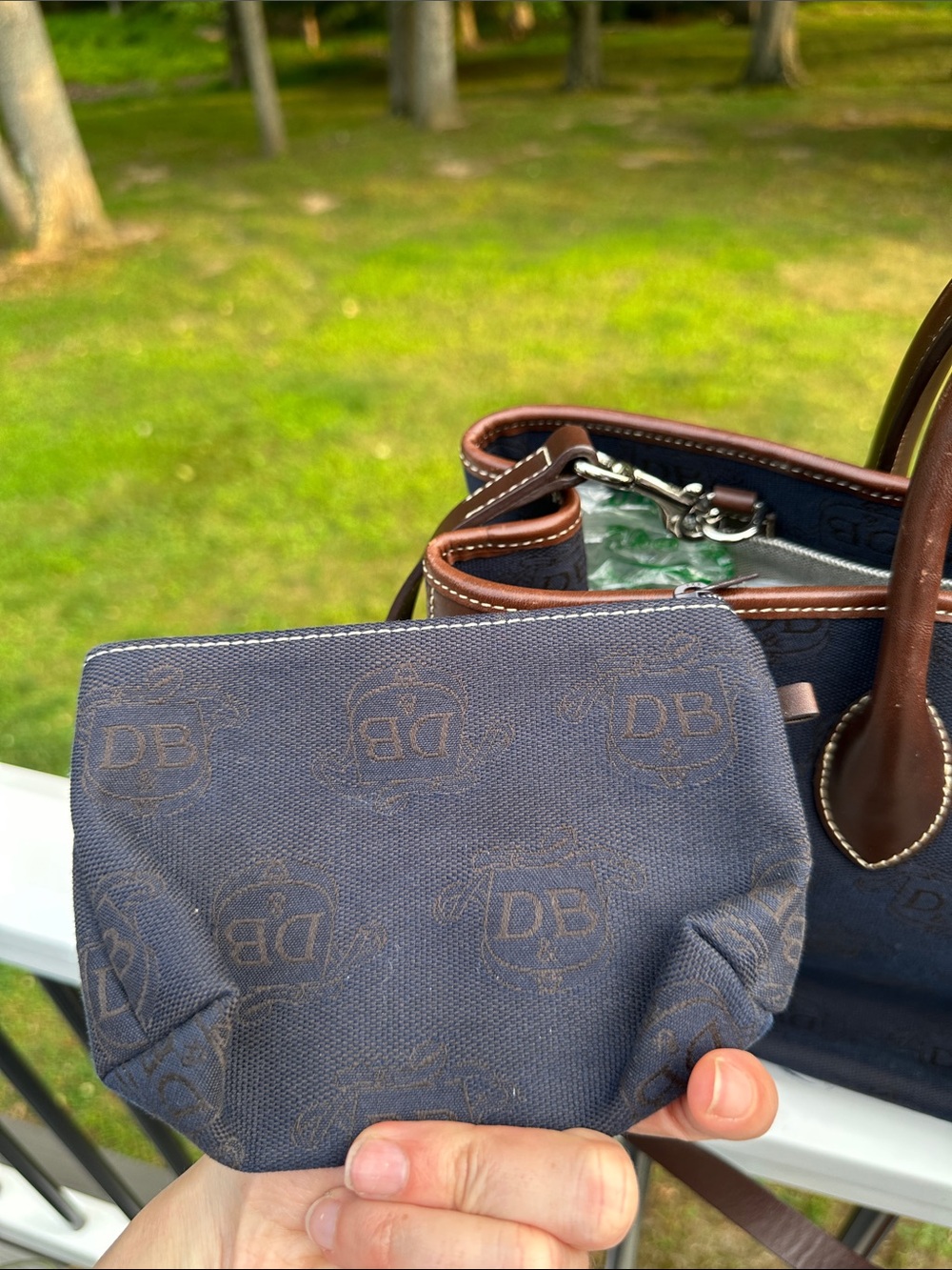 Dooney & Bourke Navy and Brown Monogram Handbag with Matching Pouch - Picture 2 of 16